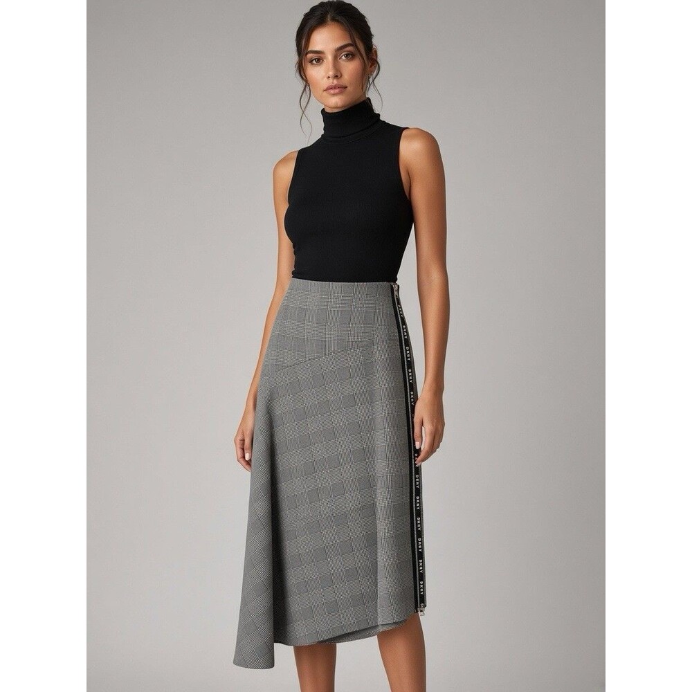 DKNY Size 8 Gray Houndstooth Asymmetrical Skirt Side Zip Logo Trim Work